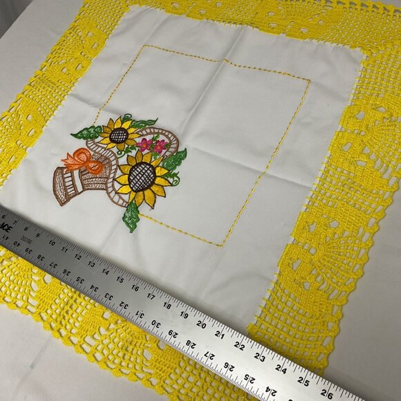 Handcrafted White Fabric Table Topper With Yellow Crochet Lace & Sunflower - Picture 5 of 5